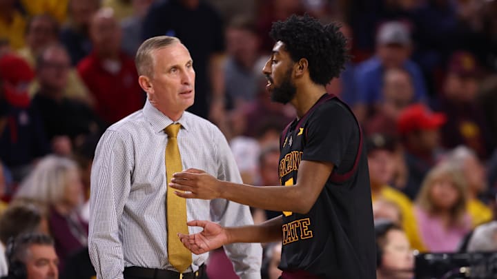 Jan 31, 2026; Tempe, Arizona, USA; Arizona State Sun Devils head coach Bobby Hurley with guard Maurice Odum (5) against the Arizona Wildcats at Desert Financial Arena. Mandatory Credit: Mark J. Rebilas-Imagn Images