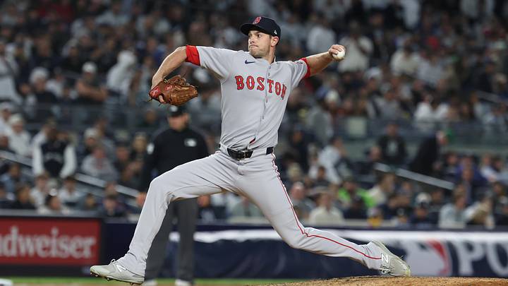 Oct 2, 2025; Bronx, New York, USA; Boston Red Sox pitcher Steven Matz (41) throws to the plate  in the sixth inning against the New York Yankees during game three of the Wildcard round for the 2025 MLB playoffs at Yankee Stadium. Mandatory Credit: Vincent Carchietta-Imagn Images