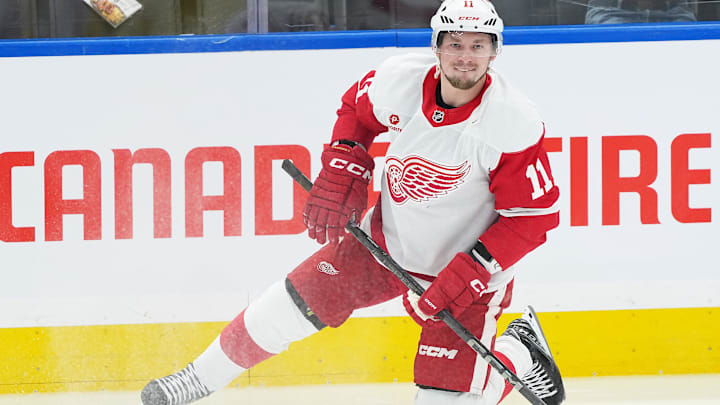 Apr 17, 2025; Toronto, Ontario, CAN; Detroit Red Wings right wing Vladimir Tarasenko (11) stretches during the warmup before a game against the Toronto Maple Leafs at Scotiabank Arena. Mandatory Credit: Nick Turchiaro-Imagn Images