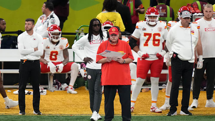 Feb 9, 2025; New Orleans, LA, USA; Kansas City Chiefs head coach Andy Reid during the second quarter against he Philadelphia Eagles in Super Bowl LIX at Caesars Superdome. Mandatory Credit: Kirby Lee-Imagn Images