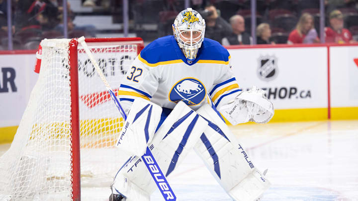 Sep 26, 2024; Ottawa, Ontario, CAN; Buffalo Sabres goalie Felix Sandstrom (32) warms up prior to the start of the first period against the Ottawa Senators at the Canadian Tire Centre. Mandatory Credit: Marc DesRosiers-Imagn Images