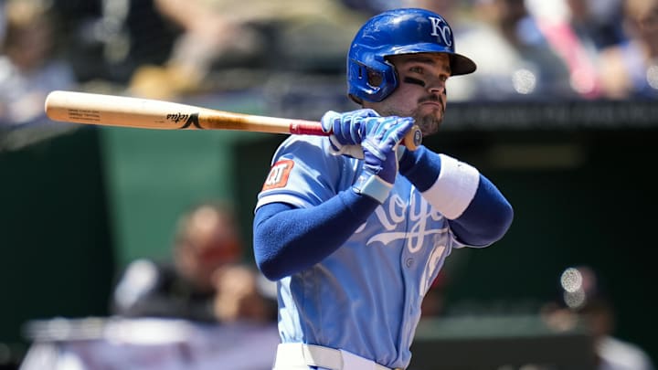 May 7, 2026; Kansas City, Missouri, USA; Kansas City Royals second baseman Michael Massey (19) hits a double during the fifth inning against the Cleveland Guardians at Kauffman Stadium. Mandatory Credit: Jay Biggerstaff-Imagn Images