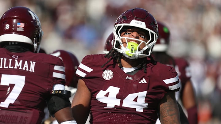 Mississippi State Bulldogs linebacker Branden Jennings (44) reacts in the first half against the Mississippi Rebels at Davis Wade Stadium at Scott Field.