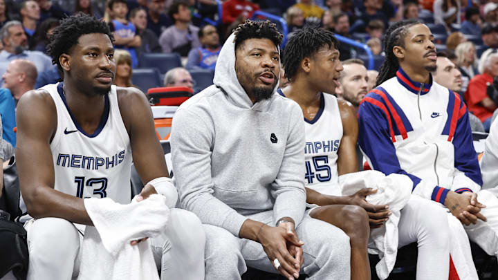 Memphis Grizzlies forward Jaren Jackson Jr. (13), guard Marcus Smart (36), forward GG Jackson (45) and guard Ja Morant (12) watch their team play against the Oklahoma City Thunder from the bench during the second half at Paycom Center. Mandatory Credit: Alonzo Adams-Imagn Images Memphis Grizzlies forward Jaren Jackson Jr. (13), guard Marcus Smart (36), forward GG Jackson (45) and guard Ja Morant (12) watch their team play against the Oklahoma City Thunder from the bench during the second half at Paycom Center. Mandatory Credit: Alonzo Adams-Imagn Images