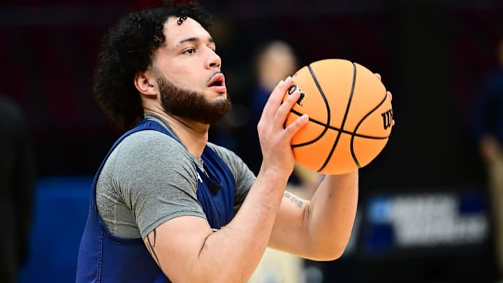 Mar 20, 2025; Cleveland, OH, USA; Robert Morris Colonials guard Ryan Prather Jr. (2) shoots during practice at Rocket Arena.