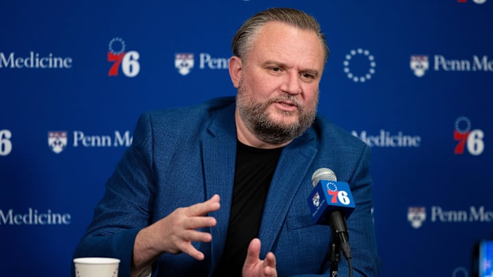 Dec 15, 2023; Philadelphia, Pennsylvania, USA; Philadelphia 76ers resident of Basketball Operations Daryl Morey speaks with the media before a game against the Detroit Pistons at Wells Fargo Center. Mandatory Credit: Bill Streicher-Imagn Images