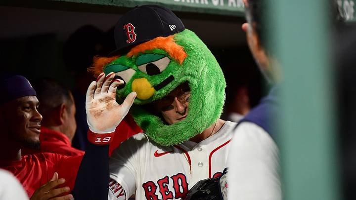 Sep 9, 2026; Boston, Massachusetts, USA; Boston Red Sox designated hitter Roman Anthony (19) wears a Wally the Green Monster helmet in the dugout after hitting a two run home run during the fifth inning against the Los Angeles Angels at Fenway Park. Mandatory Credit: Bob DeChiara-Imagn Images Sep 9, 2026; Boston, Massachusetts, USA; Boston Red Sox designated hitter Roman Anthony (19) wears a Wally the Green Monster helmet in the dugout after hitting a two run home run during the fifth inning against the Los Angeles Angels at Fenway Park. Mandatory Credit: Bob DeChiara-Imagn Images