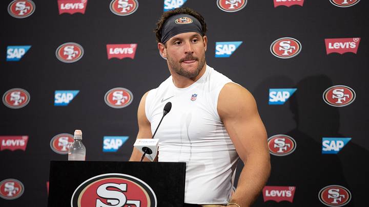 Jul 23, 2025; Santa Clara, CA, USA; San Francisco 49ers defensive end Nick Bosa answers questions from reporters following the first day of training camp at SAP Performance Facility. Mandatory Credit: D. Ross Cameron-Imagn Images