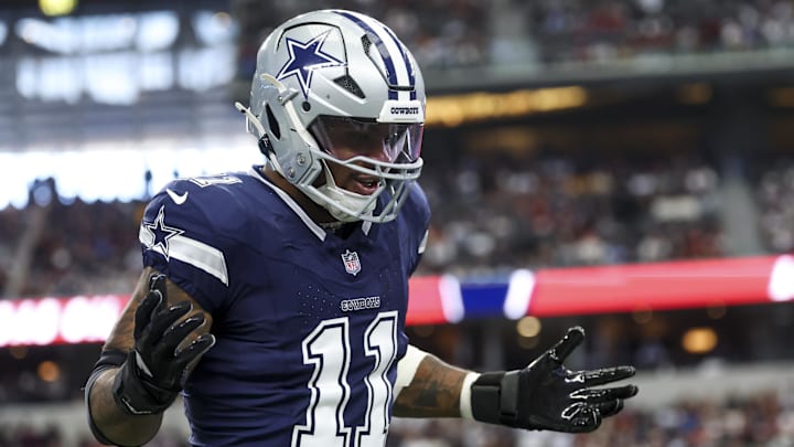 Jan 5, 2025; Arlington, Texas, USA;  Dallas Cowboys linebacker Micah Parsons (11) celebrates  after a sack during the first quarter against the Washington Commanders at AT&T Stadium. Mandatory Credit: Kevin Jairaj-Imagn Images