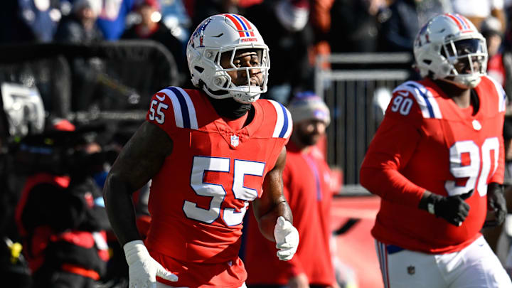 Dec 1, 2024; Foxborough, Massachusetts, USA; New England Patriots linebacker Yannick Ngakoue (55) warms up before a game against the Indianapolis Colts at Gillette Stadium. Mandatory Credit: Eric Canha-Imagn Images