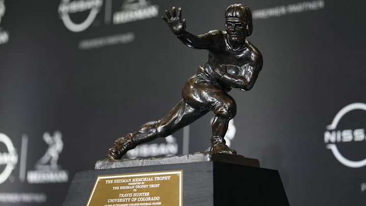 Dec 14, 2024; New York, NY, USA; A general view of the 2024 Heisman Trophy awarded to Colorado Buffaloes wide receiver/cornerback Travis Hunter during the 2024 Heisman Trophy Presentation. Mandatory Credit: Lucas Boland-Imagn Images