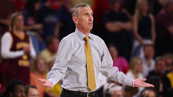Jan 31, 2026; Tempe, Arizona, USA; Arizona State Sun Devils head coach Bobby Hurley reacts against the Arizona Wildcats in the first half at Desert Financial Arena. Mandatory Credit: Mark J. Rebilas-Imagn Images