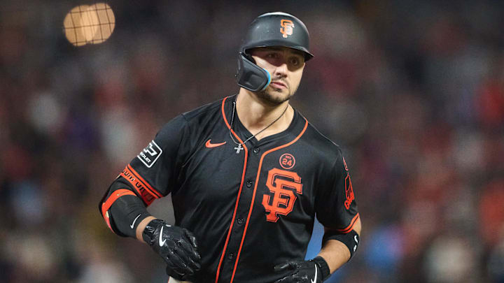 Aug 31, 2024; San Francisco, California, USA; San Francisco Giants outfielder Michael Conforto (8) runs the bases after hitting a one-run home run against the Miami Marlins during the eighth inning at Oracle Park. Mandatory Credit: Robert Edwards-Imagn Images