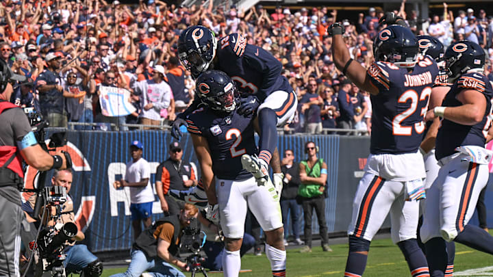 End zone celebrations like the one between Keenan Allen and DJ Moore are coming more frequently with Caleb Williams taking command of the offense.