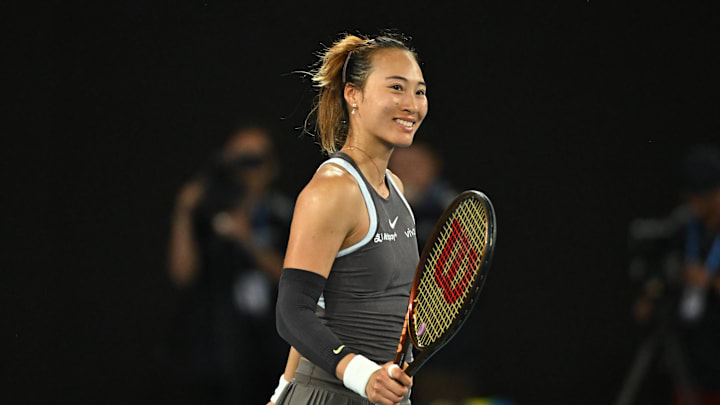 Qinwen Zheng (CHI) during her first round at the 2025 Australian Open at Melbourne Park in Melbourne, Australia, on January 12, 2025. 