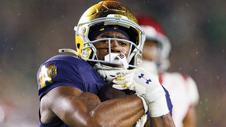 Notre Dame running back Jadarian Price returns a kick for a touchdown in the second half of a NCAA football game against Southern California at Notre Dame Stadium on Saturday, Oct. 18, 2025, in South Bend.