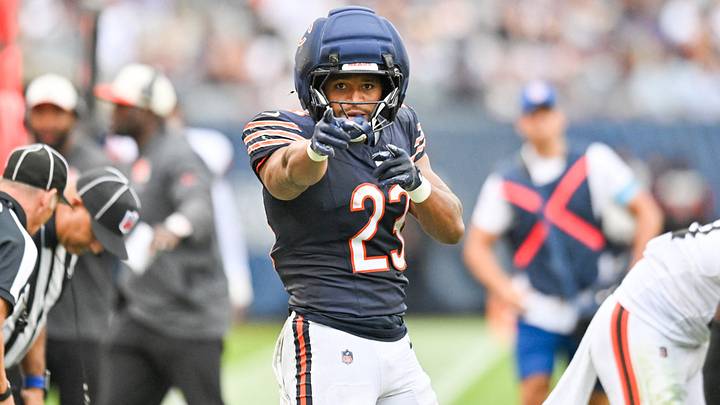 Chicago Bears running back Roschon Johnson (23) reacts after gaining a first down against the Cleveland Browns during the first half at Soldier Field. Mandatory Credit: Patrick Gorski-Imagn Images