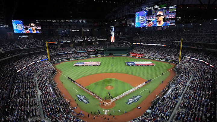 A view of Globe Life Field during the national anthem before Game 1 of the World Series.