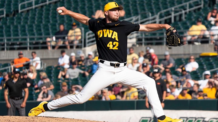 Iowa's Daniel Wright pitches during game 2 of Iowa vs. Oregon State baseball at Principal Park on May 10, 2025, in Des Moines.