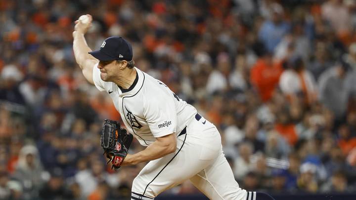 Oct 7, 2025; Detroit, Michigan, USA; Detroit Tigers pitcher Tommy Kahnle (43) delivers a pitch in the fourth inning against the Seattle Mariners during game three of the ALDS round for the 2025 MLB playoffs at Comerica Park. Mandatory Credit: Rick Osentoski-Imagn Images