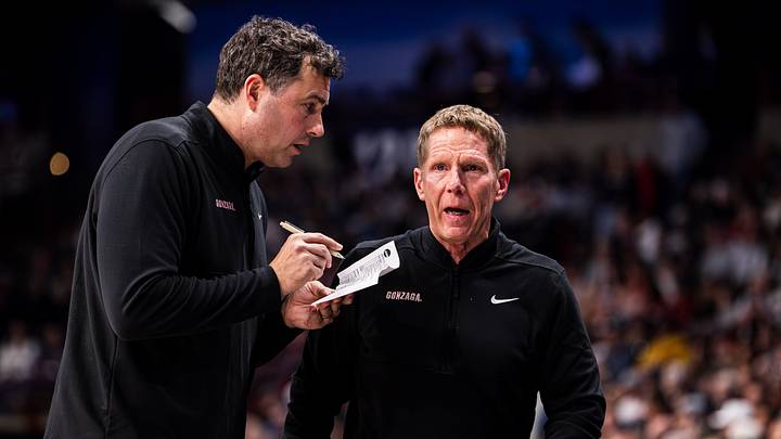 Gonzaga Bulldogs assistant coach Brian Michaelson (left) and head coach Mark Few (right). Gonzaga Bulldogs assistant coach Brian Michaelson (left) and head coach Mark Few (right).