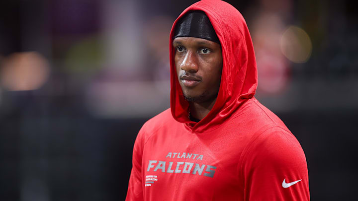 Aug 8, 2025; Atlanta, Georgia, USA; Atlanta Falcons quarterback Michael Penix Jr. (9) on the field before a game against the Detroit Lions at Mercedes-Benz Stadium.