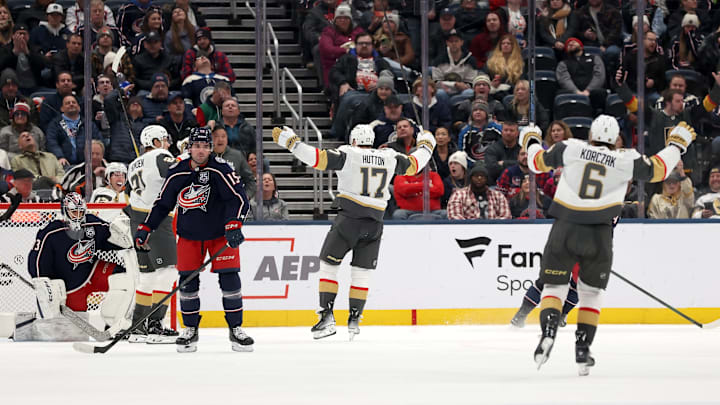 The Vegas Golden Knights celebrate their game tying goal against the Blue Jackets at Nationwide Arena. The Vegas Golden Knights celebrate their game tying goal against the Blue Jackets at Nationwide Arena.