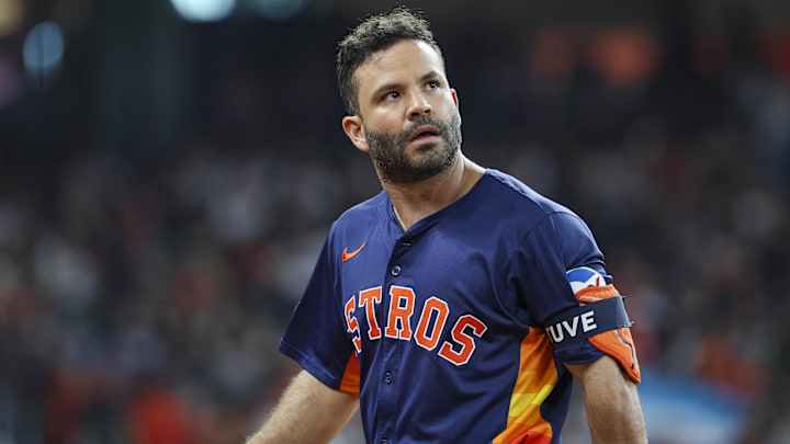 Sep 22, 2024; Houston, Texas, USA; Houston Astros second baseman Jose Altuve (27) looks up after a play during the seventh inning against the Los Angeles Angels at Minute Maid Park. 