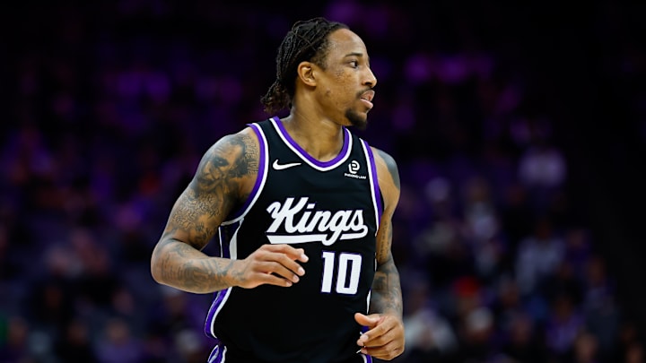 Jan 14, 2026; Sacramento, California, USA; Sacramento Kings guard DeMar DeRozan (10) looks on during the third quarter against the New York Knicks at Golden 1 Center. 