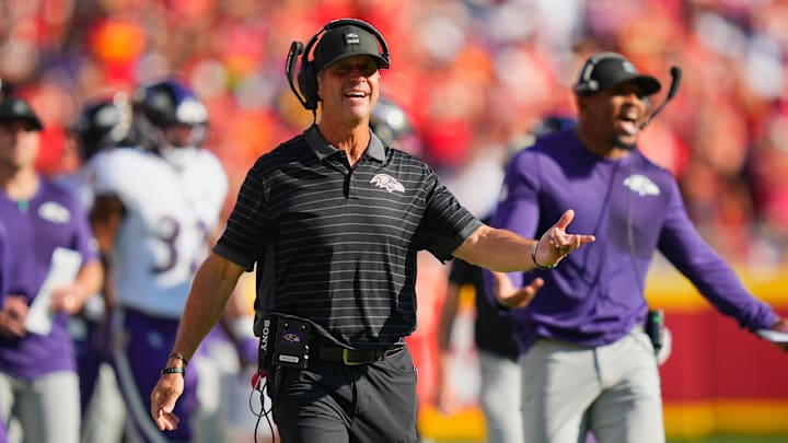 Sep 28, 2025; Kansas City, Missouri, USA;  Baltimore Ravens Head Coach John Harbaugh reacts during the first half against the Kansas City Chiefs at GEHA Field at Arrowhead Stadium. Mandatory Credit: Jay Biggerstaff-Imagn Images