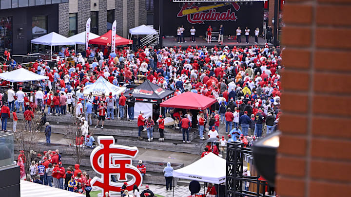 Mar 27, 2025; St. Louis, Missouri, USA; A general view as fans attend a rally before Opening Day game between the St. Louis Cardinals and the Minnesota Twins at Busch Stadium. Mandatory Credit: Jeff Curry-Imagn Images Mar 27, 2025; St. Louis, Missouri, USA; A general view as fans attend a rally before Opening Day game between the St. Louis Cardinals and the Minnesota Twins at Busch Stadium. Mandatory Credit: Jeff Curry-Imagn Images