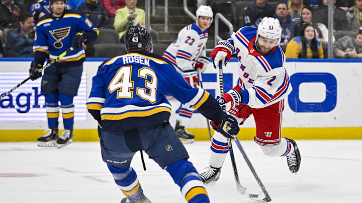 Apr 6, 2023; St. Louis, Missouri, USA;  New York Rangers center Barclay Goodrow (21) shoots as St.