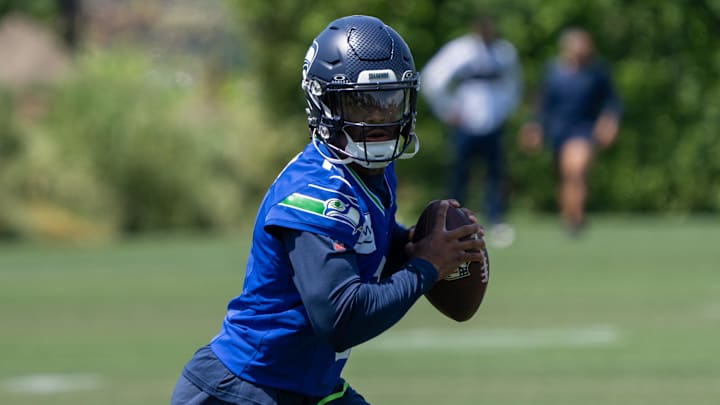 Jun 11, 2025; Renton, WA, USA; Seattle Seahawks quarterback Jalen Milroe (6) scrambles during mini-camp at Virginia Mason Athletic Center. Mandatory Credit: Stephen Brashear-Imagn Images Jun 11, 2025; Renton, WA, USA; Seattle Seahawks quarterback Jalen Milroe (6) scrambles during mini-camp at Virginia Mason Athletic Center. Mandatory Credit: Stephen Brashear-Imagn Images