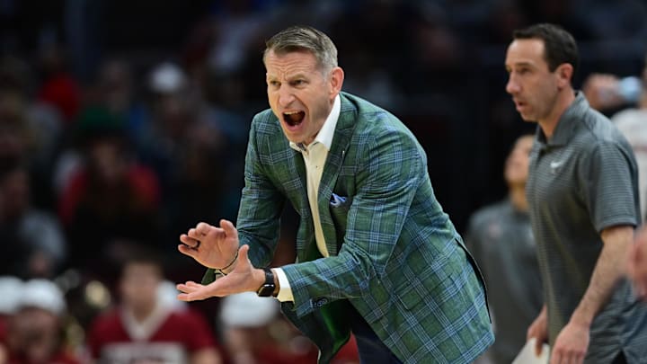 Mar 21, 2025; Cleveland, OH, USA; Alabama Crimson Tide head coach Nate Oats reacts in the second half against the Robert Morris Colonials during the NCAA Tournament First Round at Rocket Arena. Mandatory Credit: Ken Blaze-Imagn Images