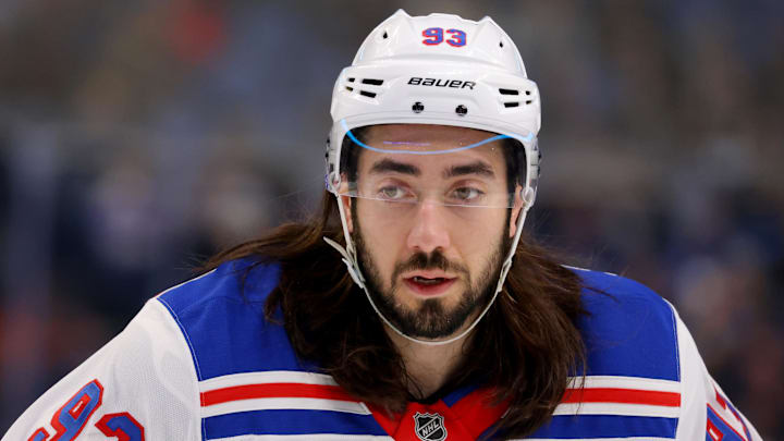Dec 11, 2024; Buffalo, New York, USA;  New York Rangers center Mika Zibanejad (93) waits for the face-off during the first period against the Buffalo Sabres at KeyBank Center. Mandatory Credit: Timothy T. Ludwig-Imagn Images