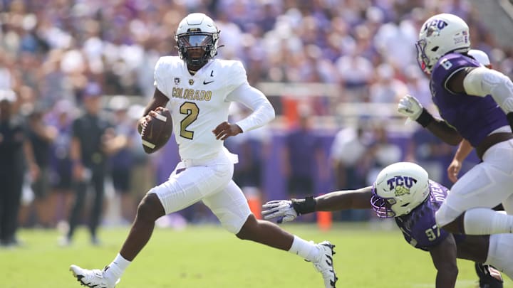 Sep 2, 2023; Fort Worth, Texas, USA; Colorado Buffaloes quarterback Shedeur Sanders (2) scrambles