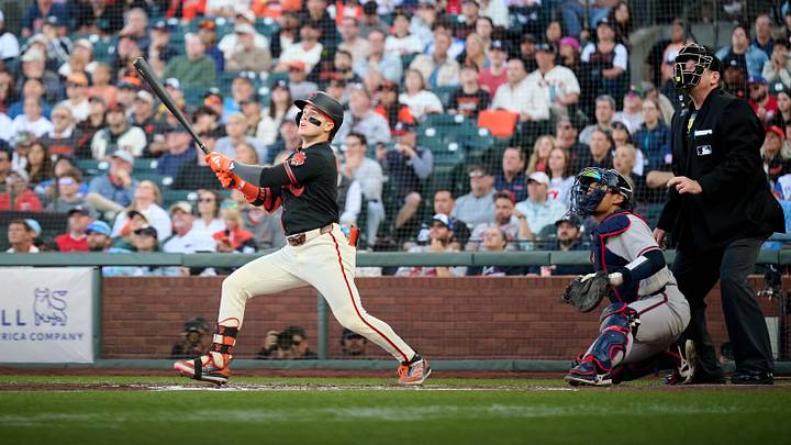 Jun 27, 2026; San Francisco, California, USA; San Francisco Giants outfielder Drew Gilbert (0) hits an RBI sacrifice fly against Atlanta Braves starting pitcher Bryce Elder (not pictured) during the second inning at Oracle Park. Mandatory Credit: Robert Edwards-Imagn Images Jun 27, 2026; San Francisco, California, USA; San Francisco Giants outfielder Drew Gilbert (0) hits an RBI sacrifice fly against Atlanta Braves starting pitcher Bryce Elder (not pictured) during the second inning at Oracle Park. Mandatory Credit: Robert Edwards-Imagn Images