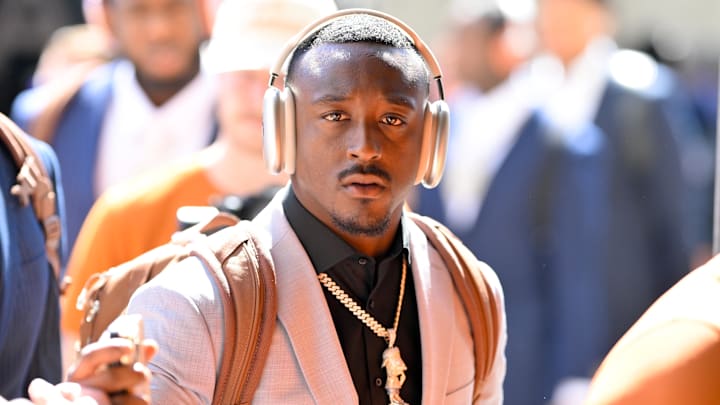 Texas Longhorns running back Quintrevion Wisner arrives at the stadium before the game between the Texas Longhorns and the Oklahoma Sooners at the Cotton Bowl. 