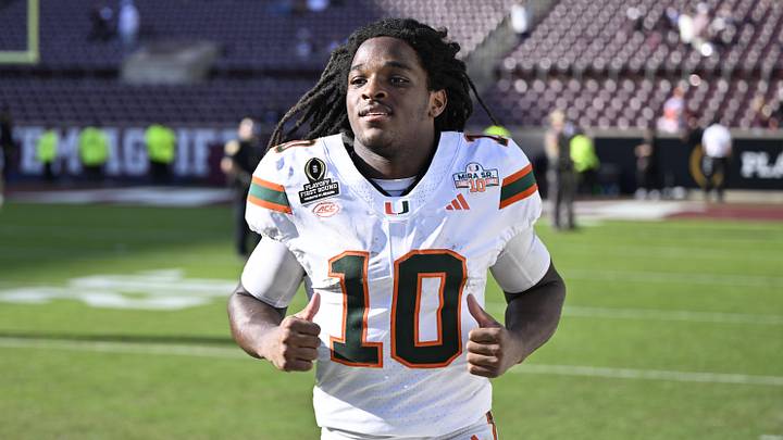Dec 20, 2025; College Station, TX, USA; Miami Hurricanes wide receiver Malachi Toney (10) runs off the field after defeating the Texas A&M Aggies in the first round game of the CFP National Playoff at Kyle Field. Mandatory Credit: Jerome Miron-Imagn Images