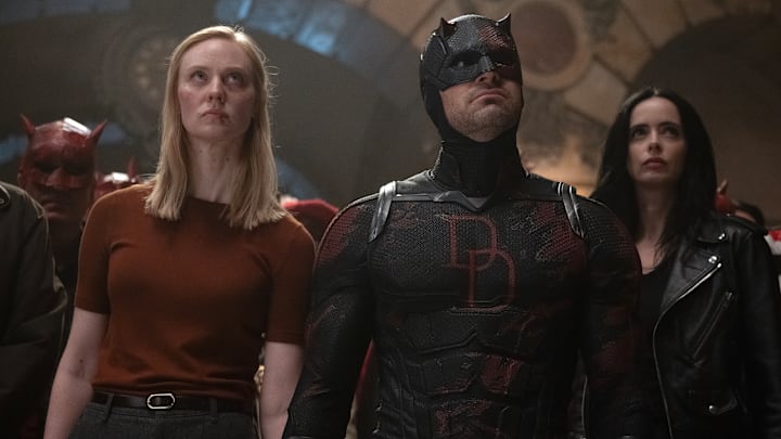 (L-R) Karen Page (Deborah Ann Woll), Matt Murdock/Daredevil (Charlie Cox) and Jessica Jones (Krysten Ritter) in Marvel Television's DAREDEVIL: BORN AGAIN SEASON 2, exclusively on Disney+. Photo by Jojo Whilden. © 2026 MARVEL.