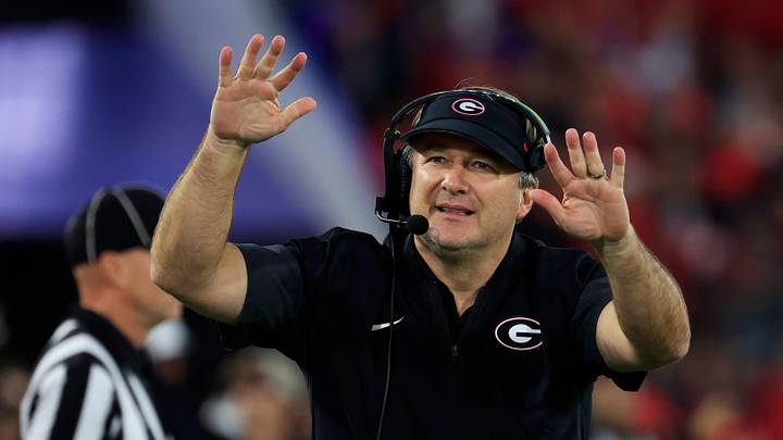 Georgia Bulldogs head coach Kirby Smart tells the students section to calm down during the fourth quarter of an NCAA football game, Saturday, Nov. 1, 2025, at EverBank Stadium in Jacksonville, Fla. Georgia held off Florida 24-20. [Corey Perrine/Florida Times-Union]