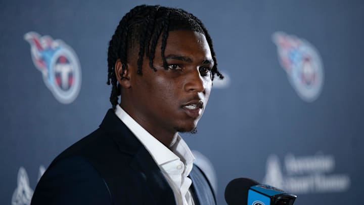 Cam Ward fields questions after being introduced as the Tennessee Titans first-round pick and number one overall pick n the NFL Draft at Ascension Saint Thomas Sports Park in Nashville, Tenn., Friday, April 25, 2025. Mandatory Credit: The Tennessean/USA TODAY NETWORK via Imagn Images