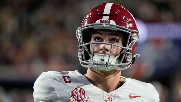 Nov 29, 2025; Auburn, Alabama, USA; Alabama quarterback Ty Simpson (15) warms up before the 2025 Iron Bowl game with Auburn Jordan-Hare Stadium. Mandatory Credit: Gary Cosby Jr.-Tuscaloosa News