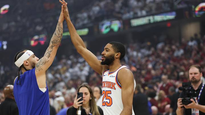 May 23, 2026; Cleveland, Ohio, USA; New York Knicks forward Mikal Bridges (25) high fives before game three of the eastern conference finals for the 2026 NBA playoffs against the Cleveland Cavaliers at Rocket Arena. Mandatory Credit: Scott Galvin-Imagn Images