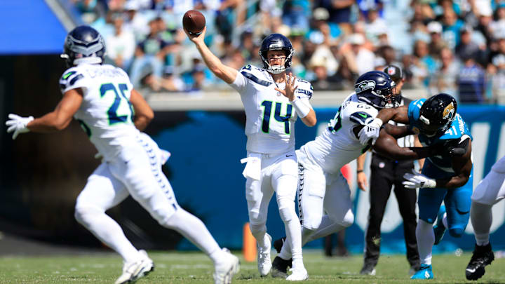 Seattle Seahawks quarterback Sam Darnold (14) throws the ball during the second quarter of an NFL football matchup, Sunday, Oct. 12, 2025, at EverBank Stadium in Jacksonville, Fla. The Seahawks defeated the Jaguars 20-12. [Corey Perrine/Florida Times-Union]