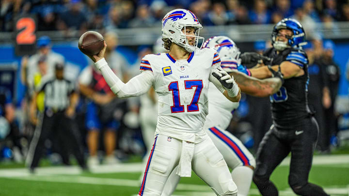 Buffalo Bills quarterback Josh Allen (17) throws the ball during the second half at Ford Field in Detroit on Sunday, Dec. 15, 2024. Allen threw for 362 yards and two touchdowns in the Bills 48-42.