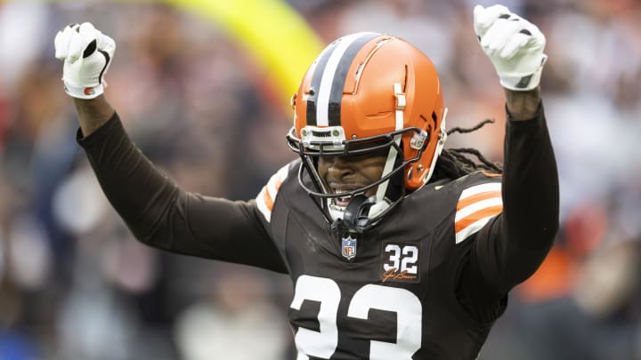 Dec 10, 2023; Cleveland, Ohio, USA; Cleveland Browns cornerback Martin Emerson Jr. (23) celebrates during the first quarter against the Jacksonville Jaguars at Cleveland Browns Stadium. Mandatory Credit: Scott Galvin-USA TODAY Sports
