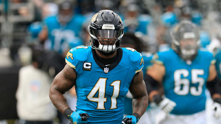 Jacksonville Jaguars defensive end Josh Hines-Allen (41) runs on the field before an NFL football matchup Sunday, Dec. 15, 2024 at EverBank Stadium in Jacksonville, Fla. [Corey Perrine/Florida Times-Union]