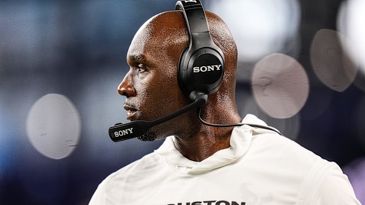 Houston Texans head coach DeMeco Ryans watches a play against Detroit Lions during the second half at Ford Field in Detroit on Saturday, August 23, 2025.