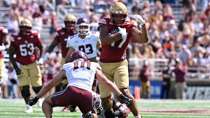 Aug 30, 2025; Chestnut Hill, Massachusetts, USA; Boston College Eagles tight end Jeremiah Franklin (17) runs the ball against the Fordham Rams during the first half at Alumni Stadium. Mandatory Credit: Eric Canha-Imagn Images